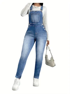 Women's Tight Denim Overalls – Classic Adjustable Straps & Skinny Tapered Fit