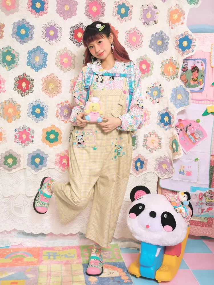 Yellow plaid casual overalls【s0000007677】