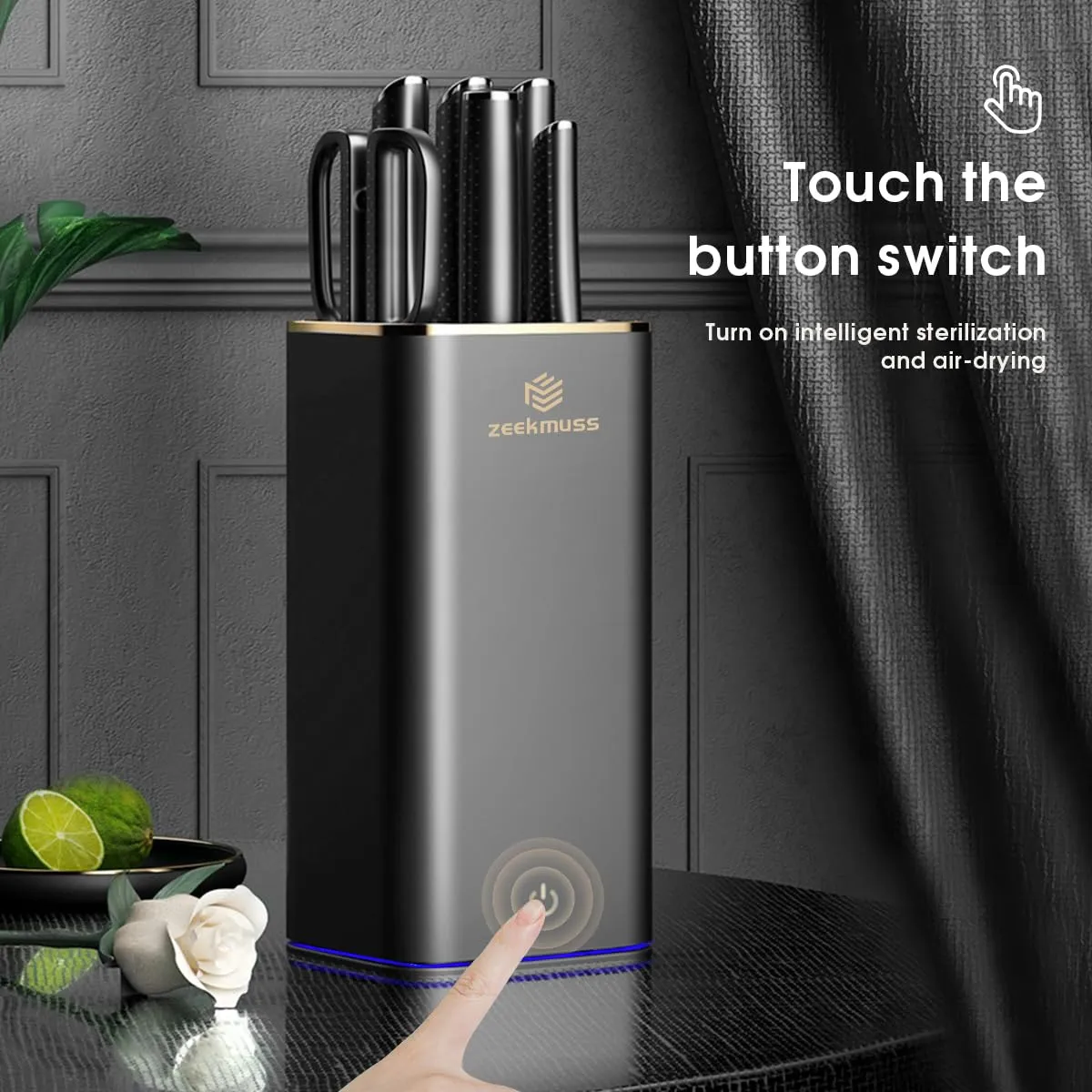ZEEKMUSS Knife Set Knife Sets for Kitchen with Block 6-Piece Stainless Steel Block Knife Set with Sharpener Kitchen Scissors Smart Knife Holder Keep Clean and Dry Kitchen Home Gift (Black)