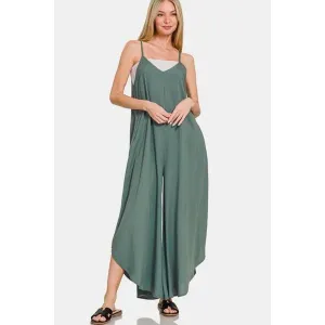 Zenana Sleeveless Curved Hem Wide Leg Overalls with Pockets