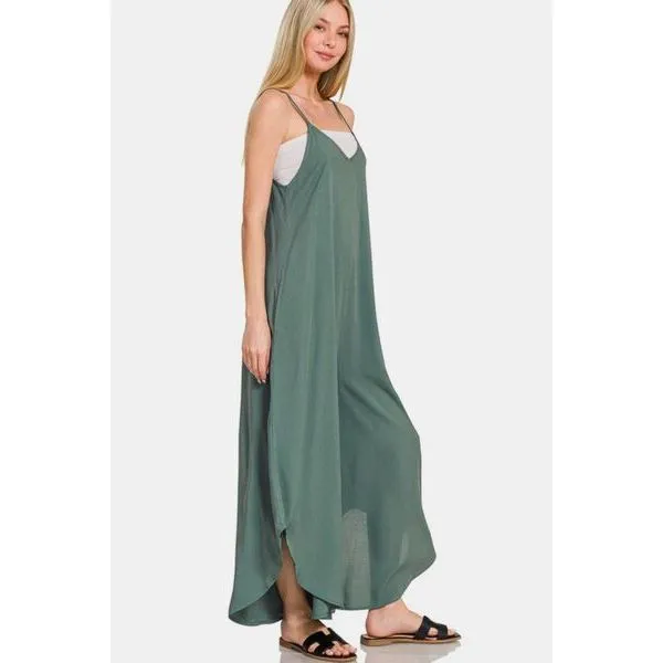 Zenana Sleeveless Curved Hem Wide Leg Overalls with Pockets