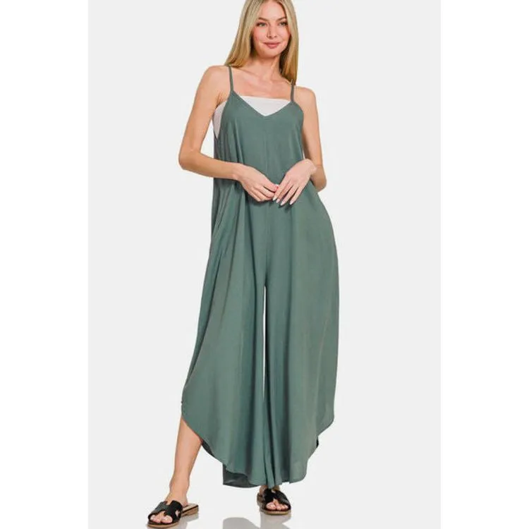 Zenana Sleeveless Curved Hem Wide Leg Overalls with Pockets