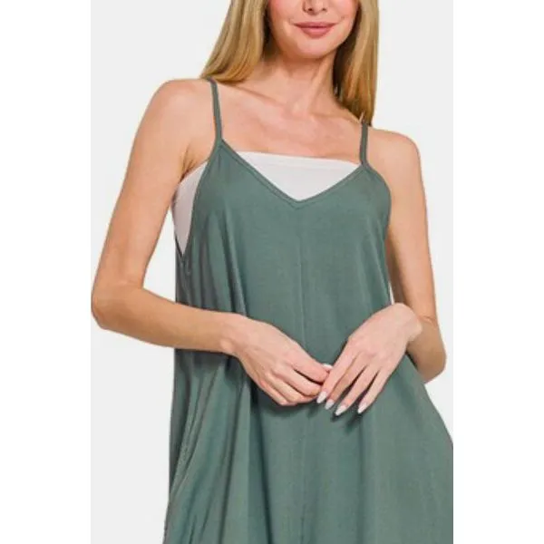 Zenana Sleeveless Curved Hem Wide Leg Overalls with Pockets